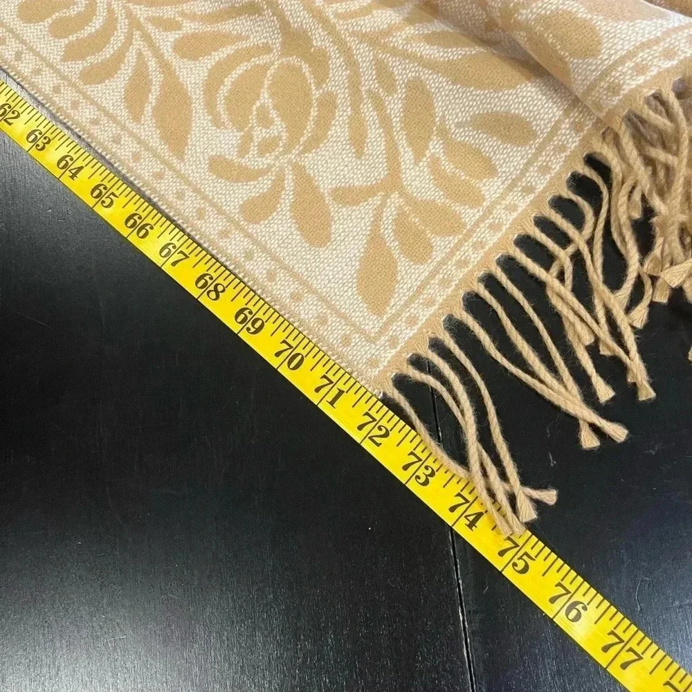 NWT Made in Italy Charter Club Tan Beige Fringe Accent Floral Border Scarf Wrap